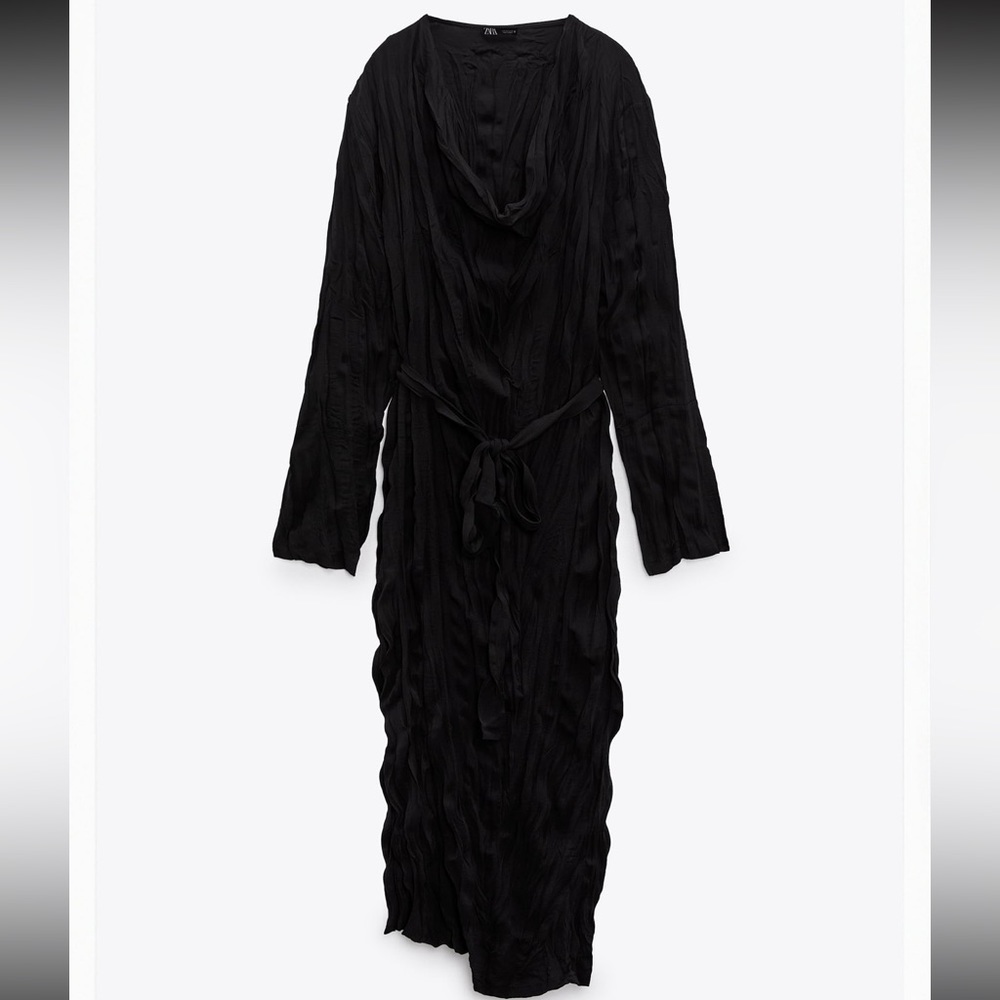NWT Zara Black Pleated Midi Dress Draped Neck Long Sleeve Size M